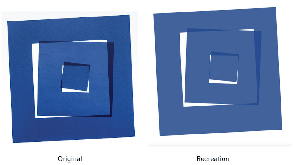 recreated piece next to original; inlaid gradually rotated blue squares